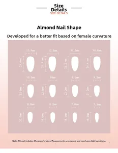Size chart for 24pcs almond shape press-on nails with dimensions for 12 different sizes