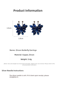 Specifiche dettagliate degli orecchini a farfalla in zircone blu con dimensioni e materiale rame