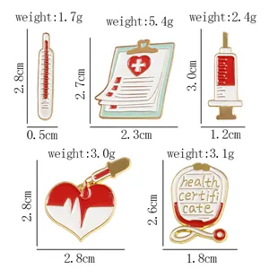 Size chart for medical brooches including stethoscope and syringe with dimensions