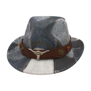 Kids western denim patchwork cowboy hat with brown leather band and silver bull head icon