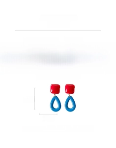 Detail of red square and blue teardrop resin earrings with silver needles and size specs