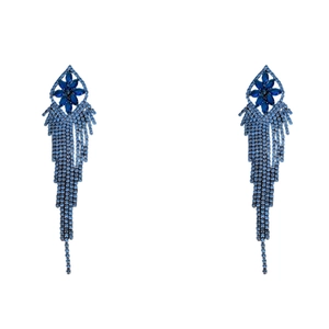 Blue rhodium plated tassel earrings with marquise crystals in flower-shaped rhombus design