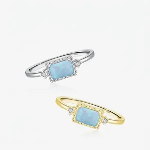 Bague En Argent Sterling 925 Opale Bleue Rectangulaire Zircone Cubique Bordure Milgrain Géométrique Bijoux De Luxe Pour Femmes