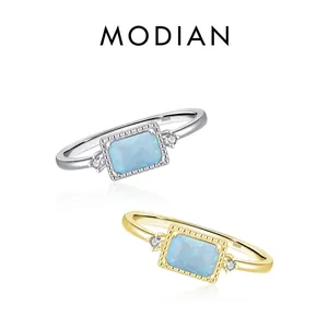 925 Sterling Silver Ring Rectangular Blue Opal Cubic Zirconia Geometric Milgrain Edge Minimalist Luxury Jewelry For Women