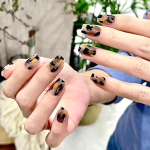 Press On Nails Leopard Print Amber Gold Foil Short Squoval Glossy Artificial Finger Accessories Autumn Winter Fashion