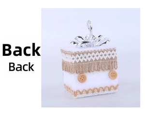 Detailed back view of a white foam gift box ornament with burlap lace and wooden buttons