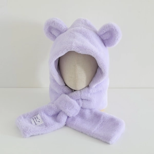 Detail of purple plush hood scarf with bear ears and HELLO NICE DAY woven label