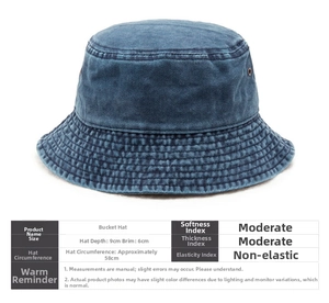 Detailed size chart for washed denim bucket hat showing 58cm circumference and 9cm depth