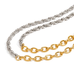 Two-tone stainless steel chain necklace with gold link and silver cable twist design