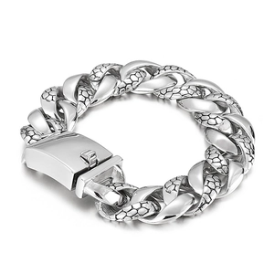 Polished silver stainless steel snake pattern chain bracelet for men with rectangular clasp