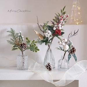 Artificial Christmas pine needles with pinecones and red berries in glass vases set