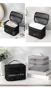 Dual layer mesh makeup bag with handles showing large capacity for toiletries