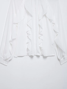 Detail of white ruffle trim and transparent chiffon texture on long sleeve elegant blouse