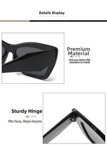 Detail view of square plastic sunglasses showing metal hinges and glossy frame finish