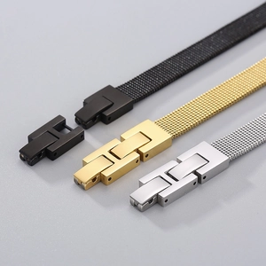 Men's stainless steel mesh bracelets in black, gold, and silver with folding clasps