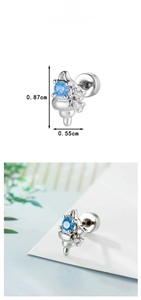 Detail showing dimensions of blue zircon conch earring with 0.87cm height and 0.55cm width