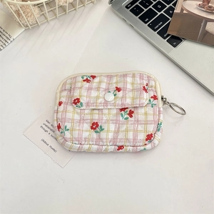 Detail of floral quilted coin purse with a front button pocket and secure metal ring