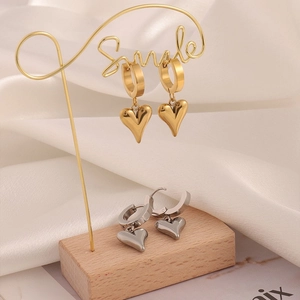 Polished titanium steel heart pendant hoop earrings in gold and silver finish