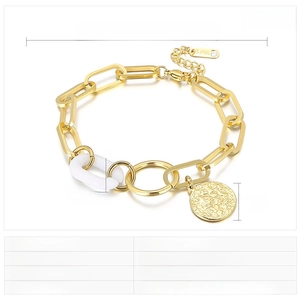 Detail of gold-tone stainless steel chain bracelet with round hammered pendant and dimensions