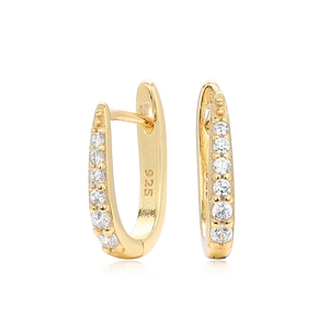 Close-up of S925 hallmark on gold plated silver U-shaped earrings with zircons