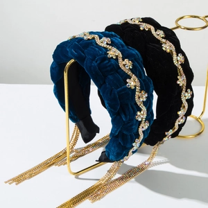 Hand-Woven Velvet Padded Headband With Rhinestone Chain Tassels Western Vintage Luxurious Hair Band For Women Party Jewelry