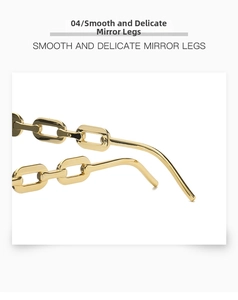 Detail of gold metal chain-style sunglasses temple with a polished mirror finish