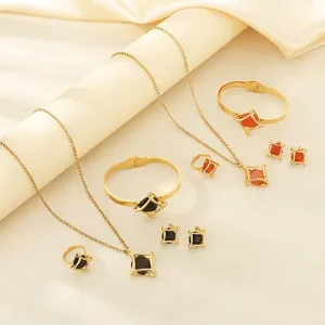 Geometric Rhombus Stainless Steel Jewelry Necklace Bracelet Open Ring And Stud Earrings Gold Plated Square Stone For Women