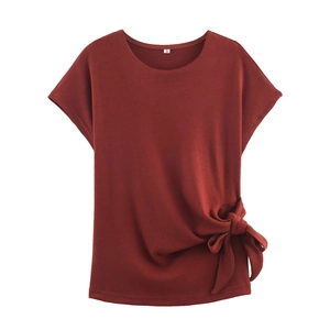 Haut En Tricot Côtelé Et Jupe Midi Pour Femmes Manches Courtes Nœud Latéral Col Rond Taille Haute Ligne A Polyester