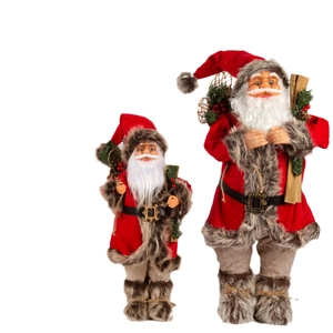 Classic red Santa Claus doll set with backpacks and skateboards for Christmas decor