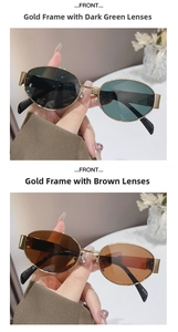 Detailansicht der ovalen Metall-Sonnenbrille mit dunkelgrünen und braunen Gläsern in Gold