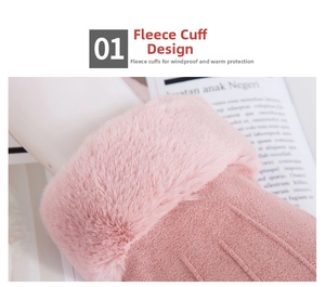 Close-up of pink suede gloves featuring thick faux fur cuffs for winter windproof warmth