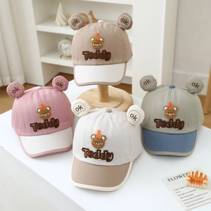 Kids Baseball Cap Cotton Cartoon Teddy Bear Ears Sun Protection Adjustable Toddler Outdoor Hat Color Block