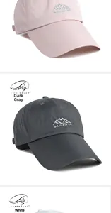Detail of embroidered mountain logo and breathable mesh holes on quick-dry baseball caps
