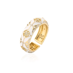 Vintage bohemian 18K gold plated open ring with white enamel floral texture and zircons