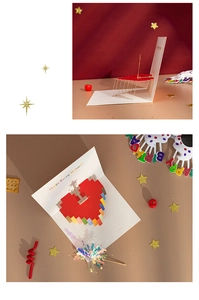 3D pop-up birthday card featuring a red pixel heart with sword and birthday party props