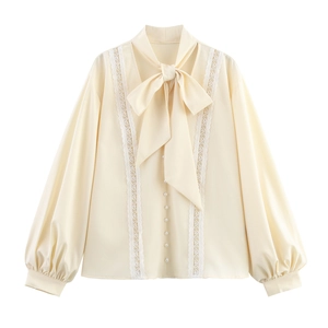 Women Blouse Shirt Elegant Tie Neck Bow Lace Patchwork Lantern Long Sleeve Solid Color Artificial Pearl Button Office Lady Tops