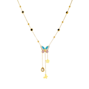 Gold stainless steel butterfly necklace with colorful enamel, tassels and flower charms