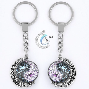 360-degree rotating yin yang butterfly keychains with crescent moon frames, set of two