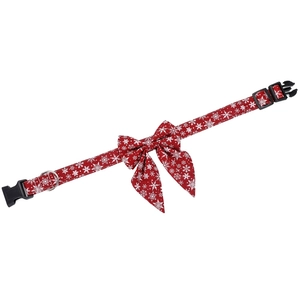 Detailed view of red snowflake dog collar with large bowknot and buckle for Christmas