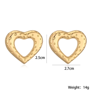 Minimalist 18K gold plated hollow heart studs with embossed dot texture and 2.5cm height