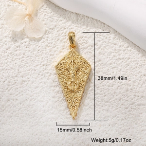 Gold plated copper rhombus pendant with intricate carvings and size specifications