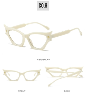 Three views showing 45-degree angle front and back of cream cat-eye sunglasses with gold accents