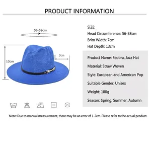 Blue wide brim straw Panama fedora hat for sun protection and beach travel