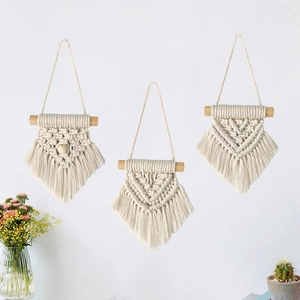 Boho Handwoven Macrame Wall Hanging Cotton Rope Tapestry With Wooden Rod For Home Bedroom Nursery Decorative Ornament