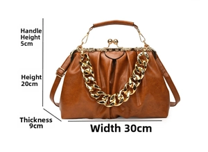Detailed size guide of a vintage brown ruched crossbody bag with gold chain strap