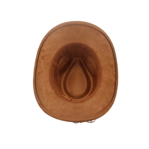Detailed interior view of a brown suede western cowboy hat showing inner sweatband
