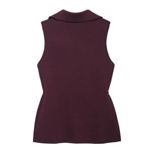 Women's sleeveless ribbed knit top in dark purple featuring a formal turn-down collar