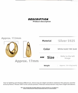 Detail view of gold crescent hoop earrings with S925 silver stamp and size measurements