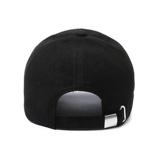 Rear view of a black cotton baseball cap featuring an adjustable strap and metal buckle