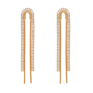 Elegant gold N-shaped tassel earrings with zirconia crystals and long hanging chains